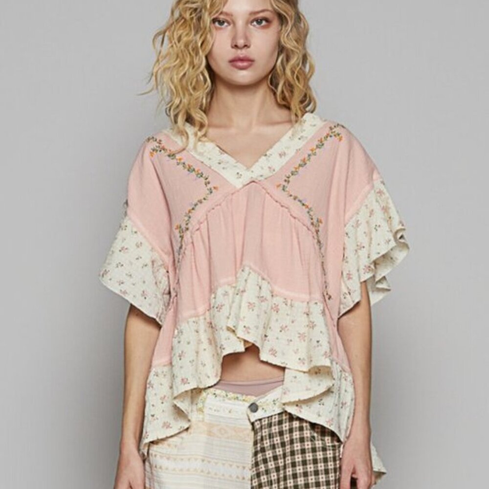 "Last One" Boho Embroidered POL V-Neck Top NEW